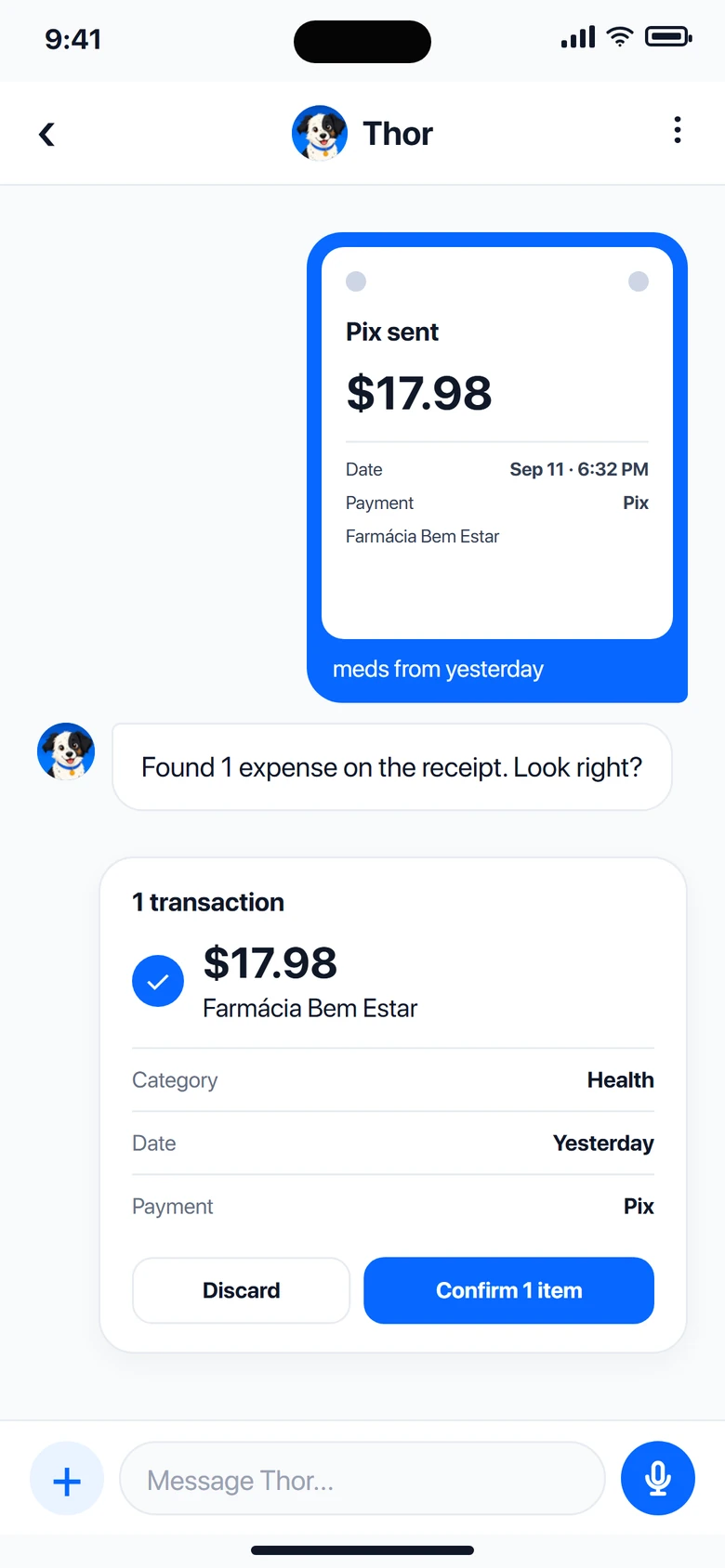 Thor finds a $17.98 expense on the receipt