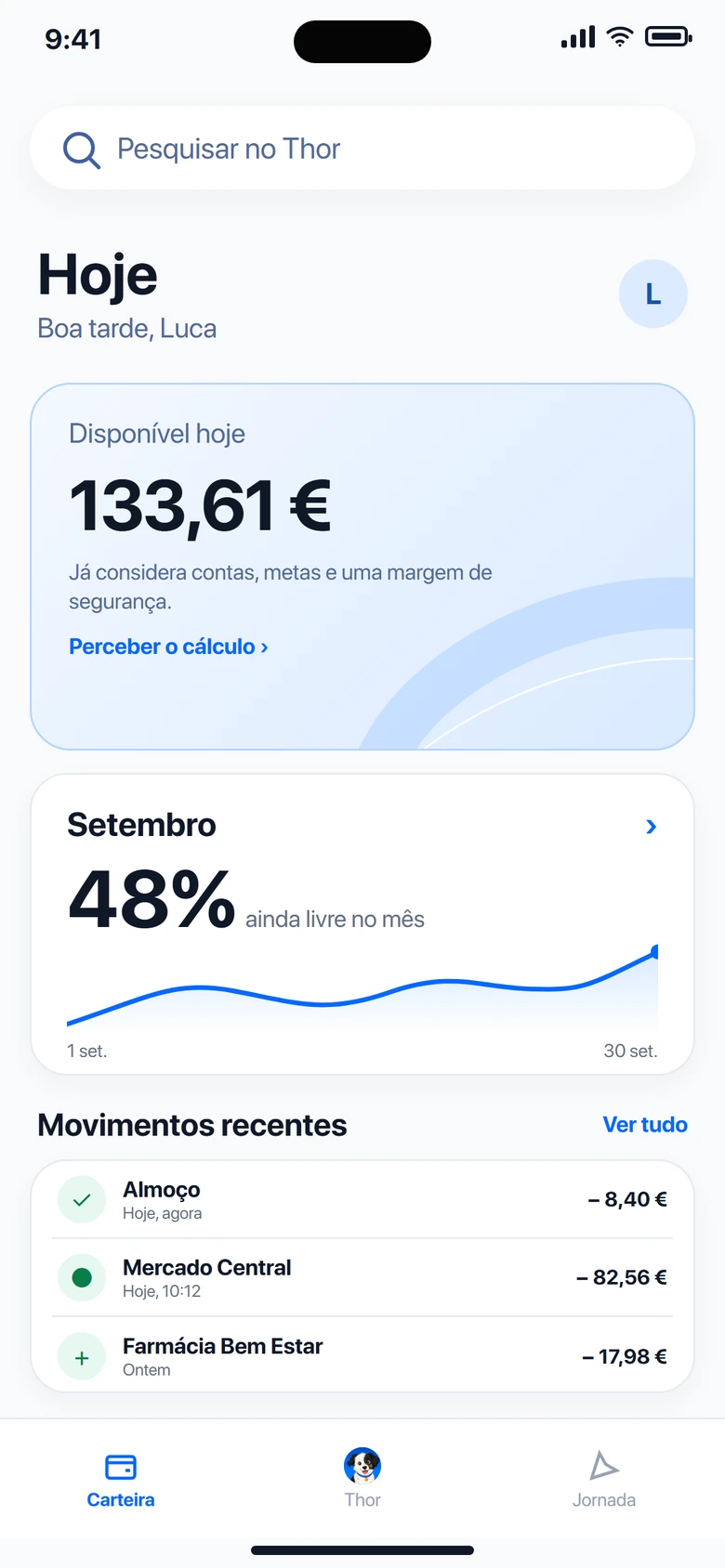 Ecrã Hoje com o almoço registado e 133,61 € disponíveis